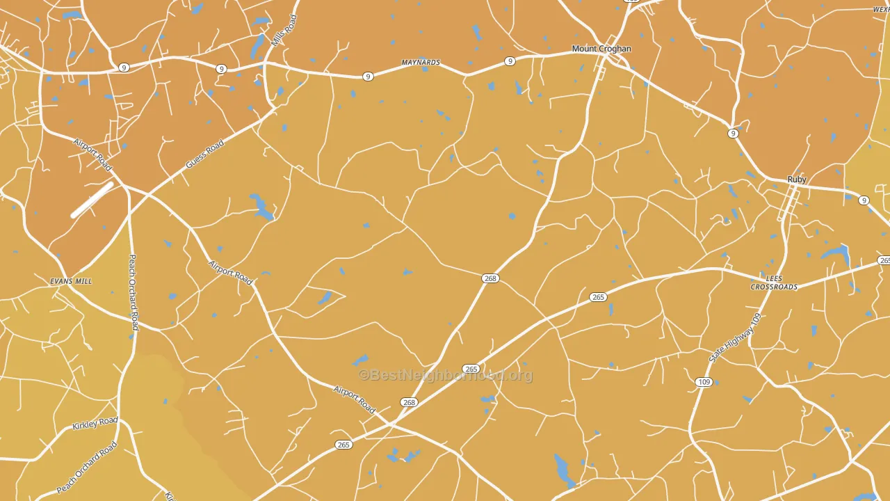Map of the best neighborhoods in the Mount Croghan area, with better matches in green and worse matches in red