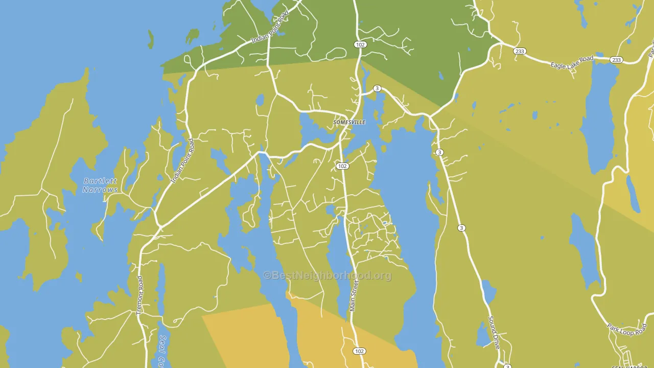 Map of the best neighborhoods in the Mount Desert area, with better matches in green and worse matches in red