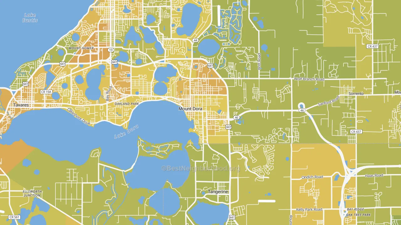 Map of the best neighborhoods in the Mount Dora area, with better matches in green and worse matches in red