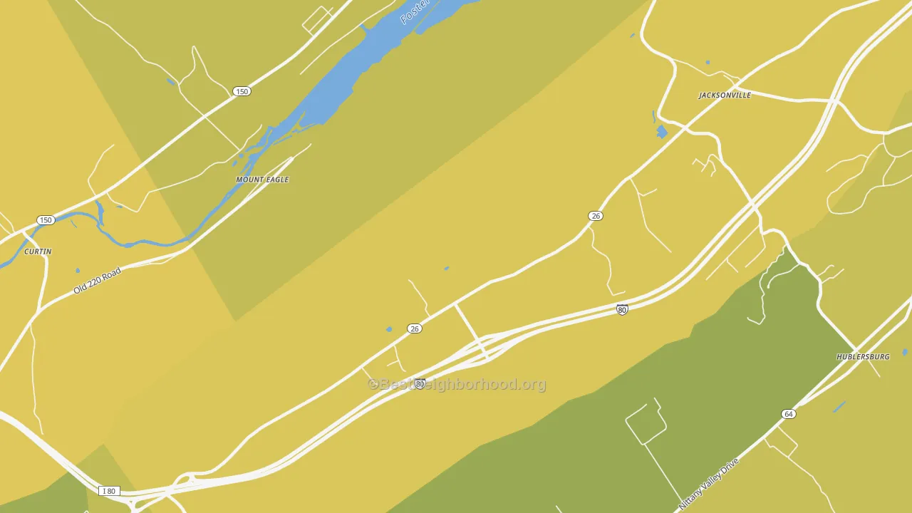 Map of the best neighborhoods in the Mount Eagle area, with better matches in green and worse matches in red
