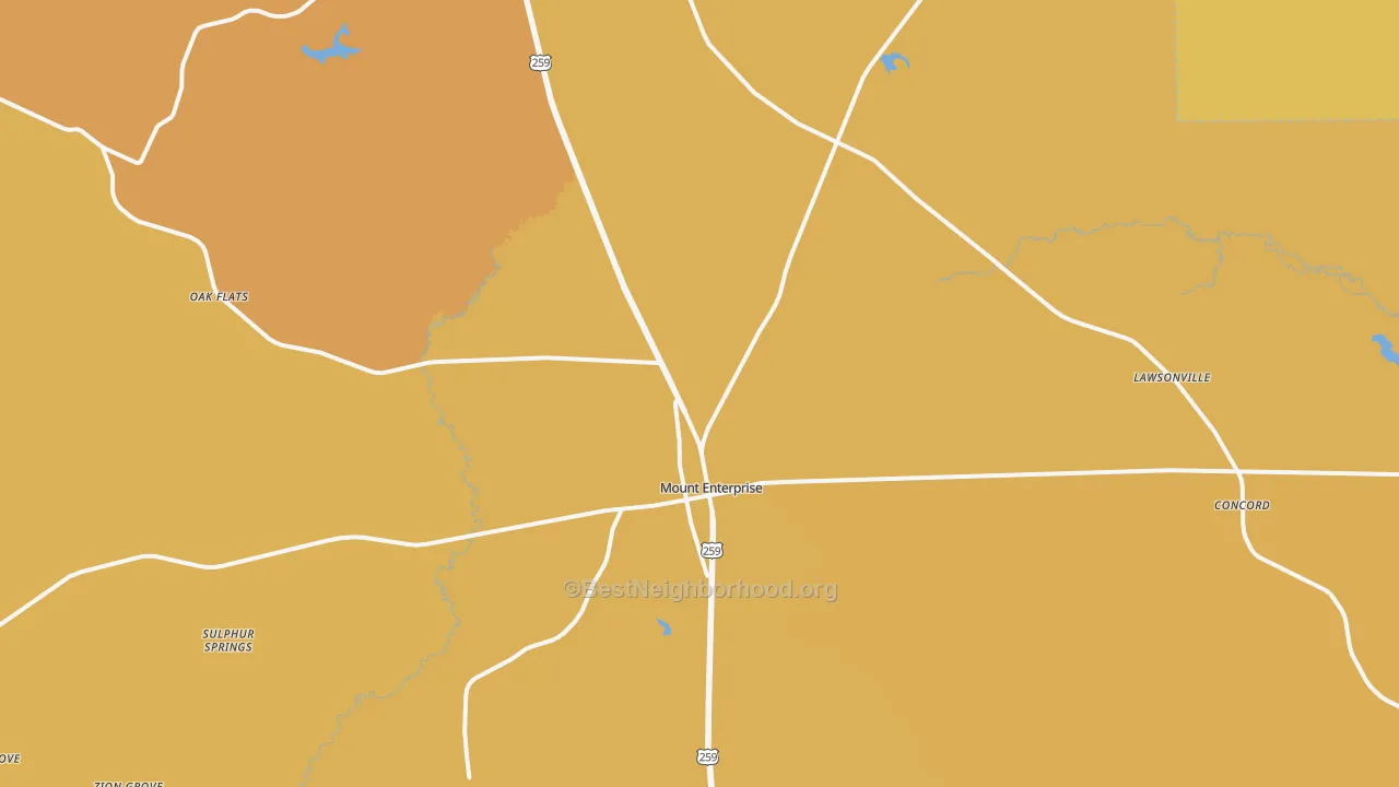 Map of the best neighborhoods in the Mount Enterprise area, with better matches in green and worse matches in red