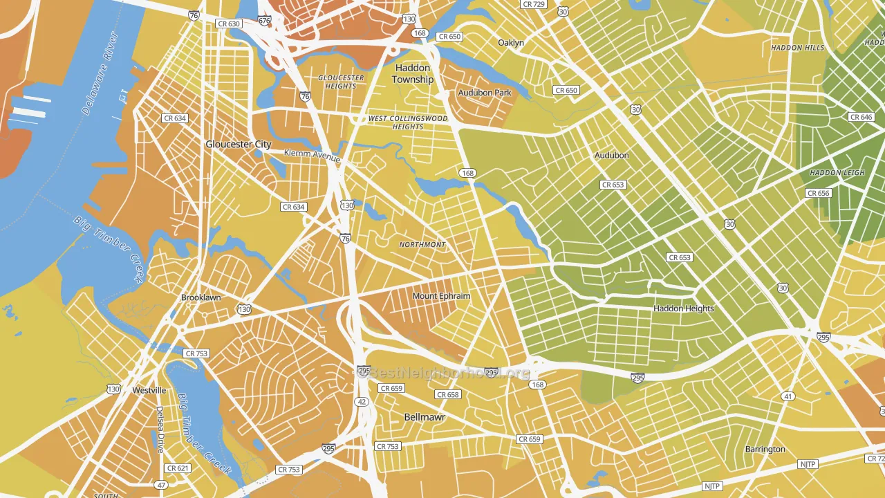 Map of the best neighborhoods in the Mount Ephraim area, with better matches in green and worse matches in red