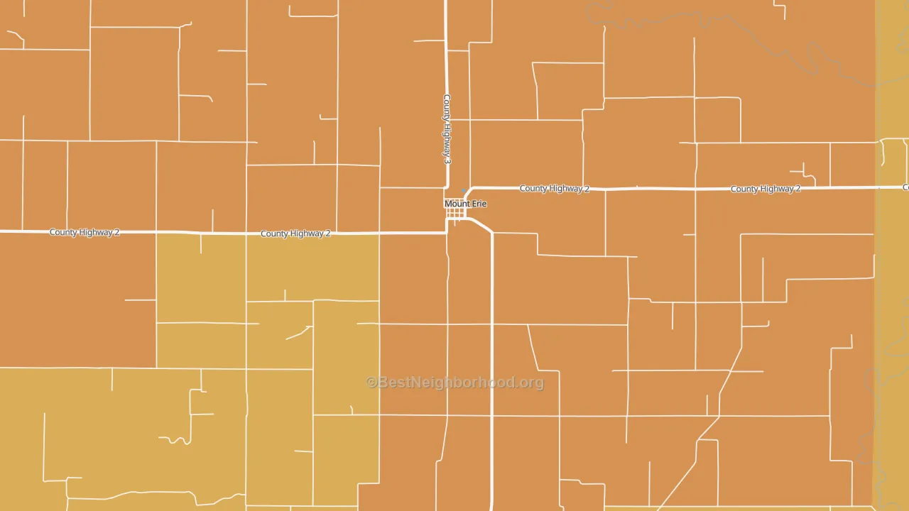 Map of the best neighborhoods in the Mount Erie area, with better matches in green and worse matches in red