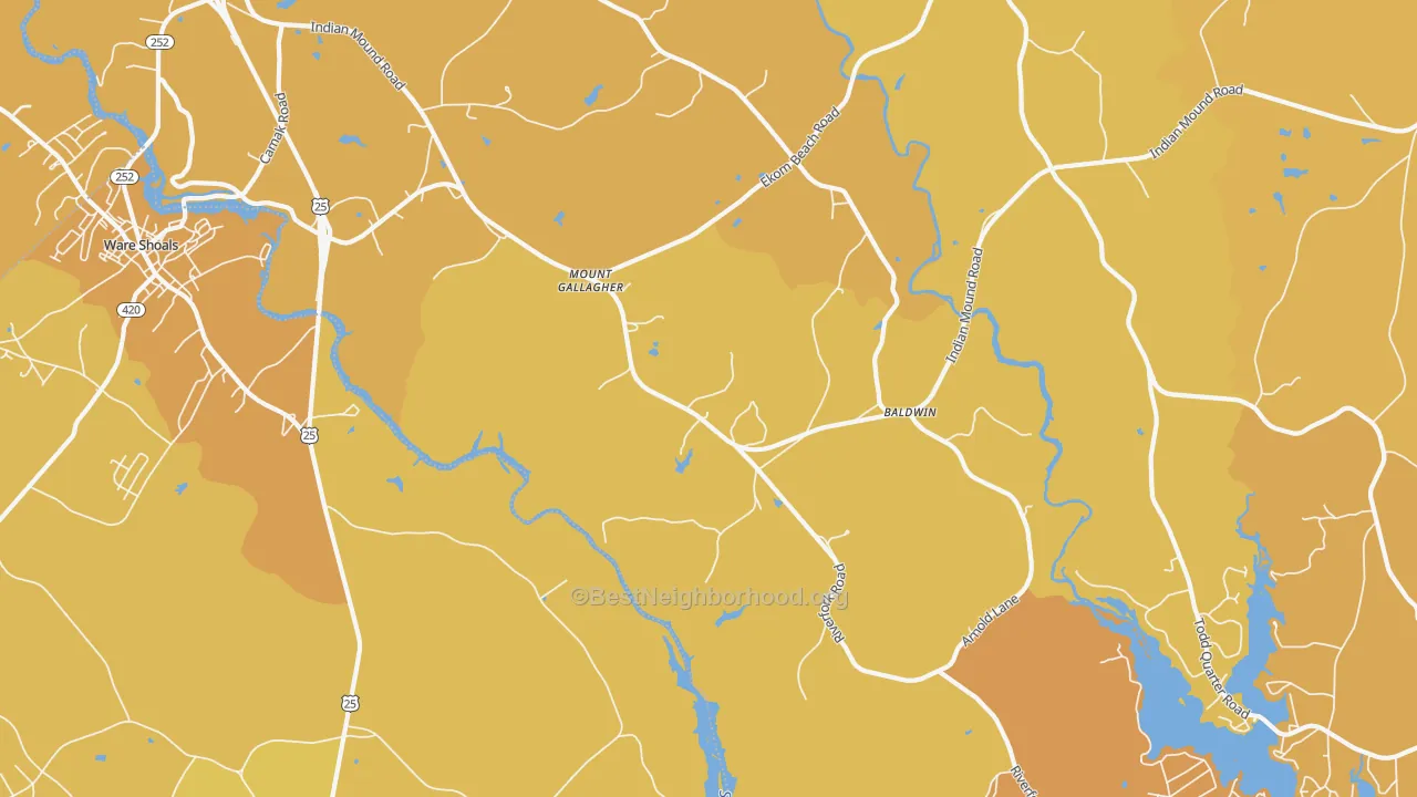Map of the best neighborhoods in the Mount Gallagher area, with better matches in green and worse matches in red