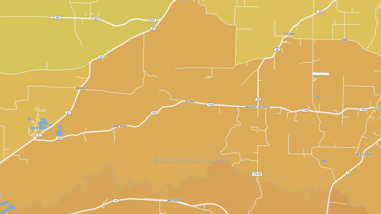 Map of the best neighborhoods in the Mount George area, with better matches in green and worse matches in red