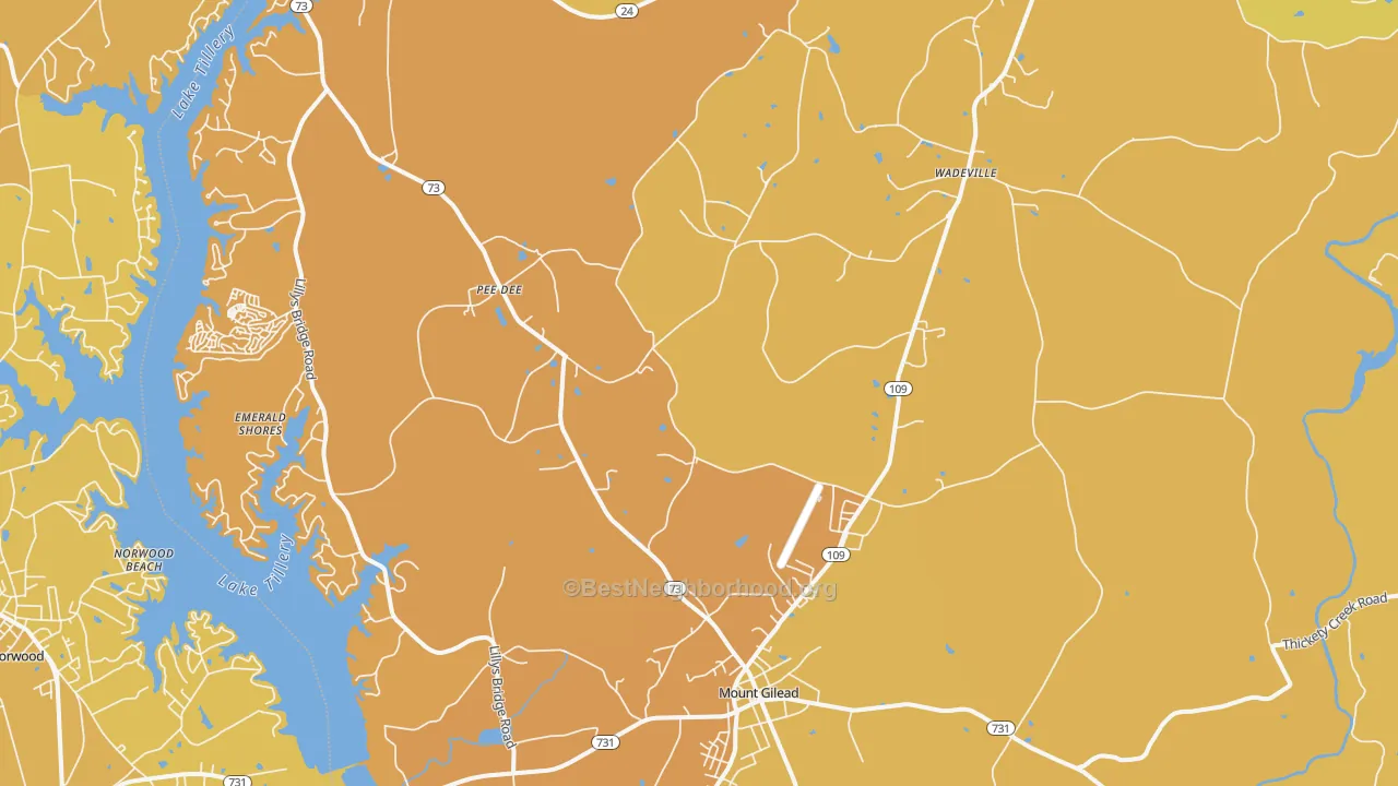 Map of the best neighborhoods in the Mount Gilead area, with better matches in green and worse matches in red