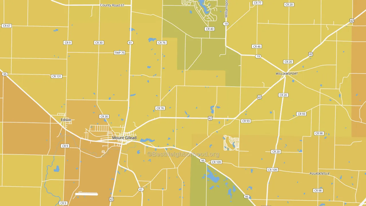 Map of the best neighborhoods in the Mount Gilead area, with better matches in green and worse matches in red
