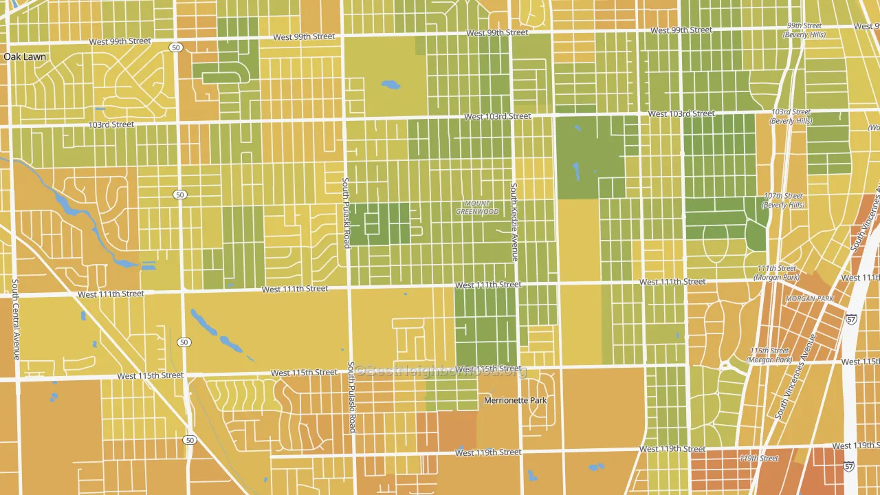 Map of the best neighborhoods in the Mount Greenwood, Chicago area, with better matches in green and worse matches in red