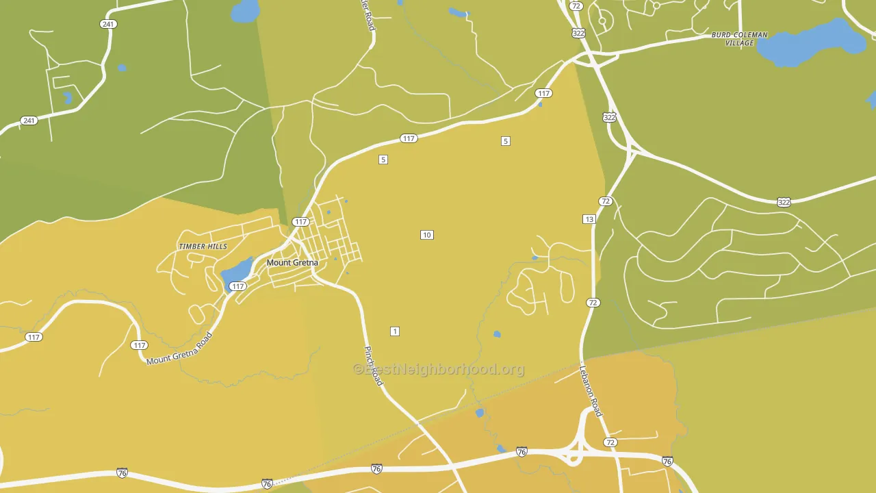 Map of the best neighborhoods in the Mount Gretna Heights area, with better matches in green and worse matches in red