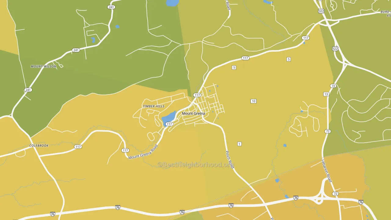 Map of the best neighborhoods in the Mount Gretna area, with better matches in green and worse matches in red