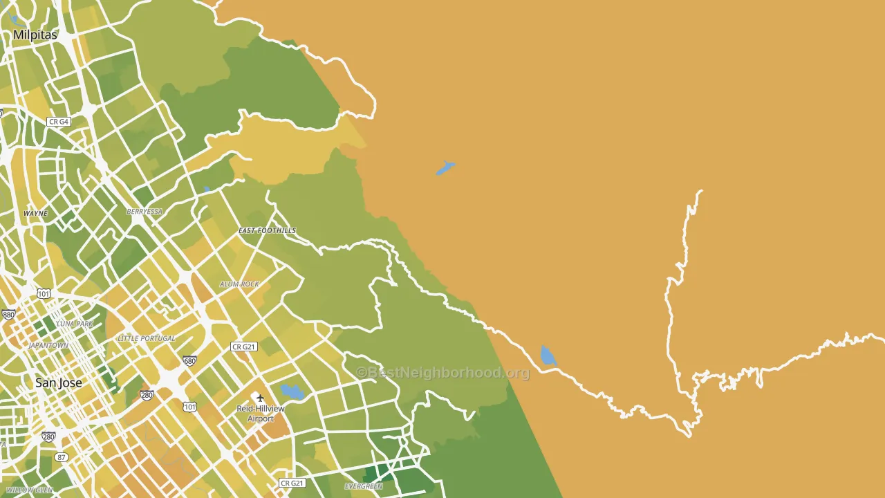 Map of the best neighborhoods in the Mount Hamilton area, with better matches in green and worse matches in red