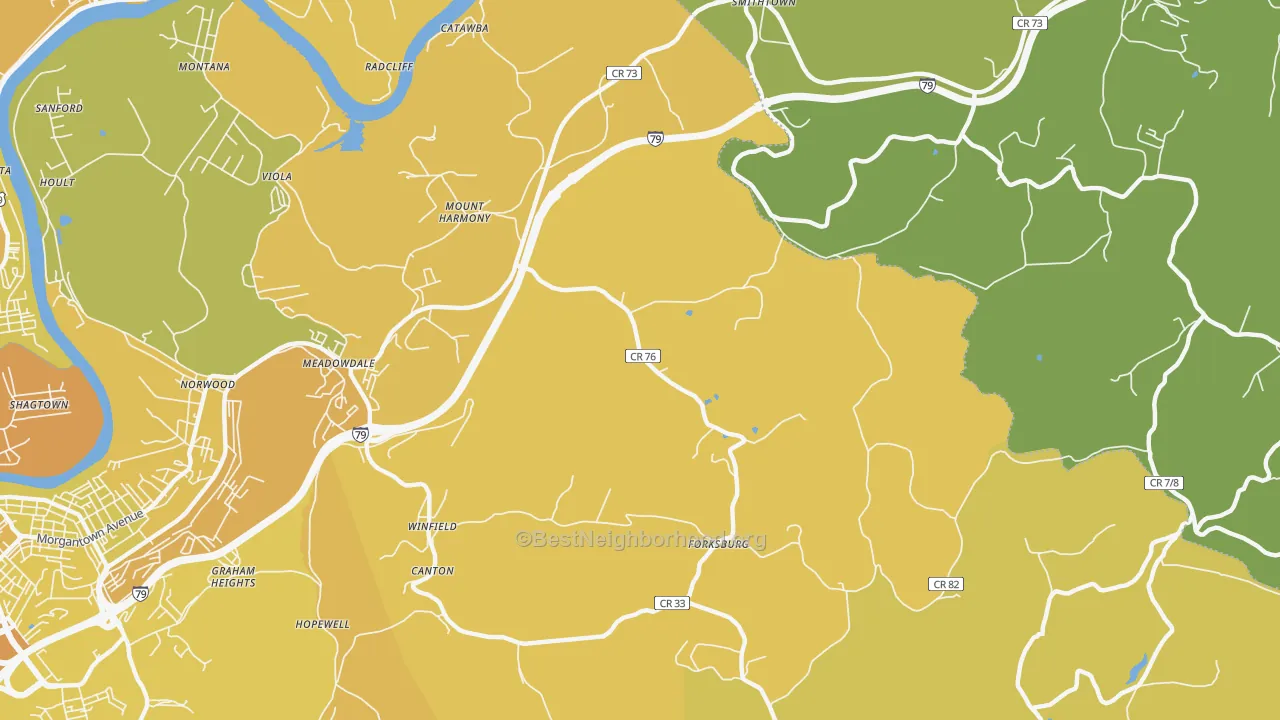 Map of the best neighborhoods in the Mount Harmony area, with better matches in green and worse matches in red