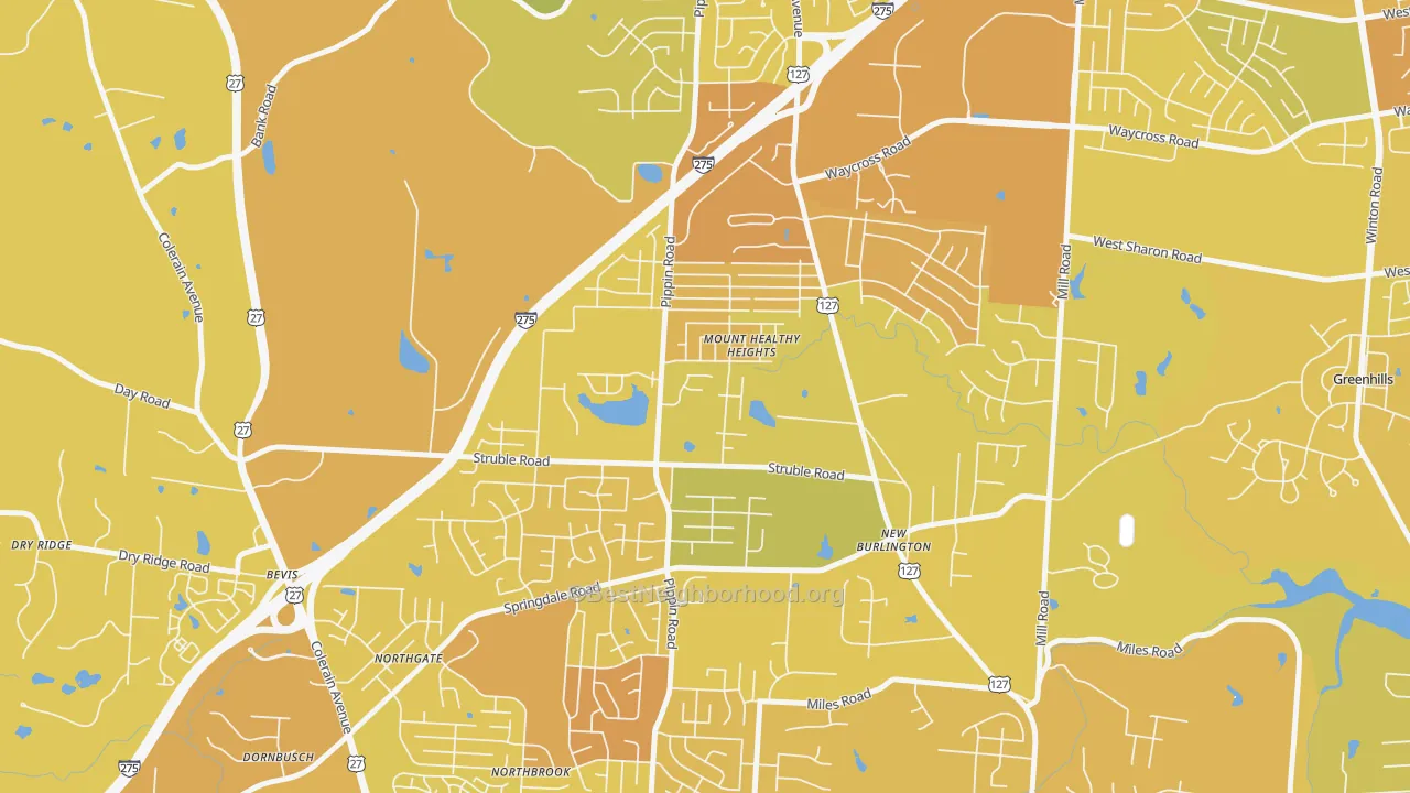 Map of the best neighborhoods in the Mount Healthy Heights, Cincinnati area, with better matches in green and worse matches in red