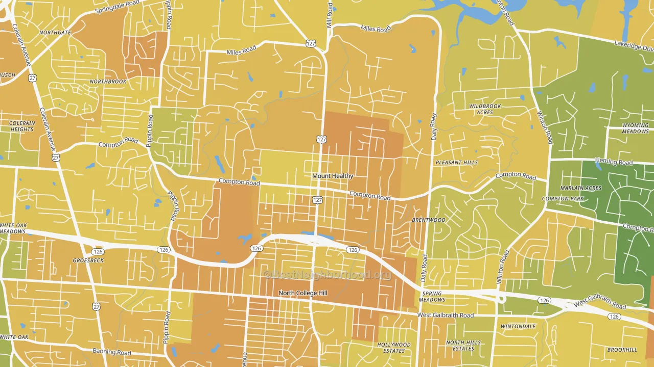 Map of the best neighborhoods in the Mount Healthy area, with better matches in green and worse matches in red