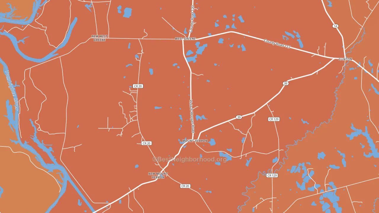 Map of the best neighborhoods in the Mount Hebron area, with better matches in green and worse matches in red