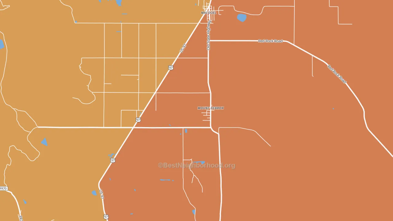 Map of the best neighborhoods in the Mount Hebron area, with better matches in green and worse matches in red