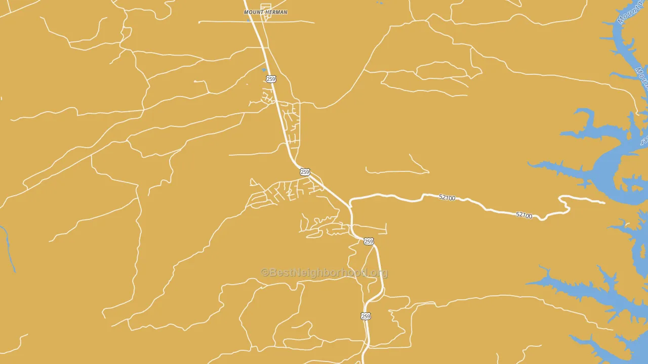 Map of the best neighborhoods in the Mount Herman area, with better matches in green and worse matches in red