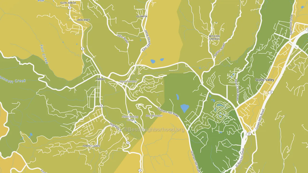 Map of the best neighborhoods in the Mount Hermon area, with better matches in green and worse matches in red