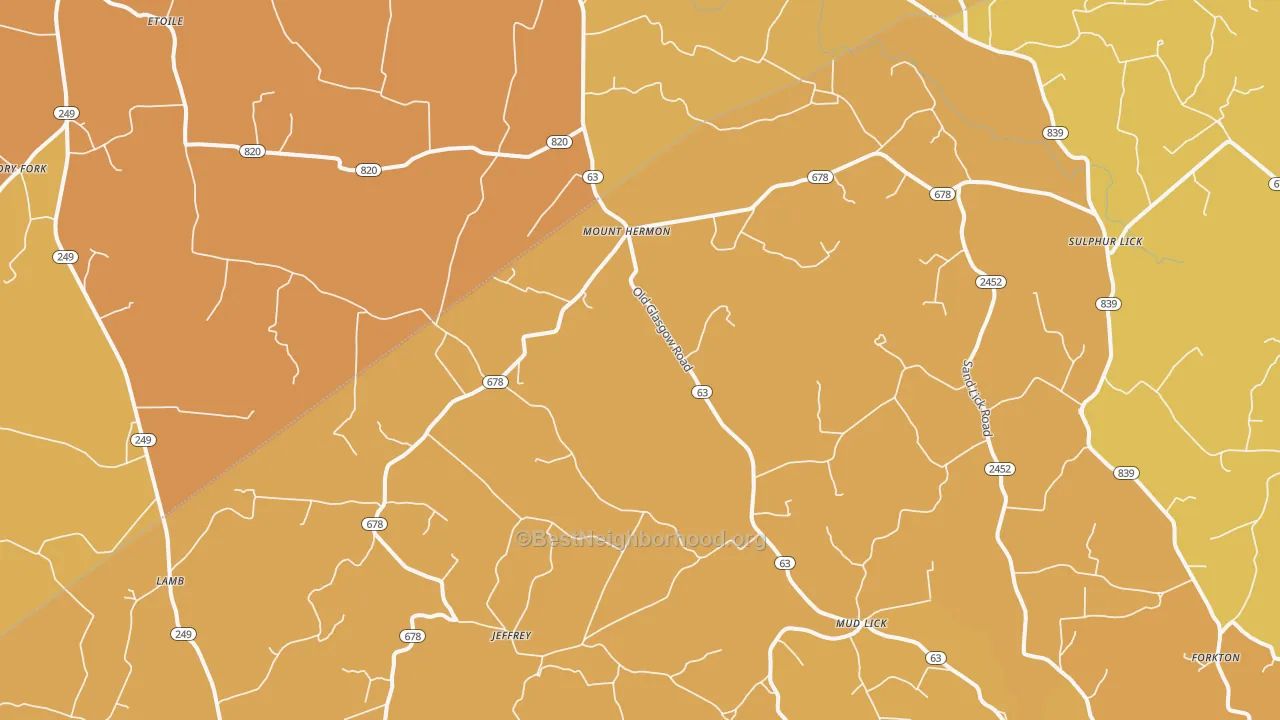 Map of the best neighborhoods in the Mount Hermon area, with better matches in green and worse matches in red