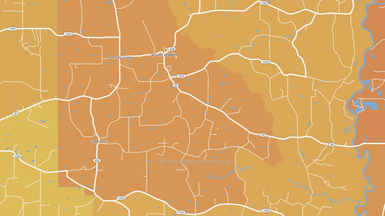 Map of the best neighborhoods in the Mount Hermon area, with better matches in green and worse matches in red