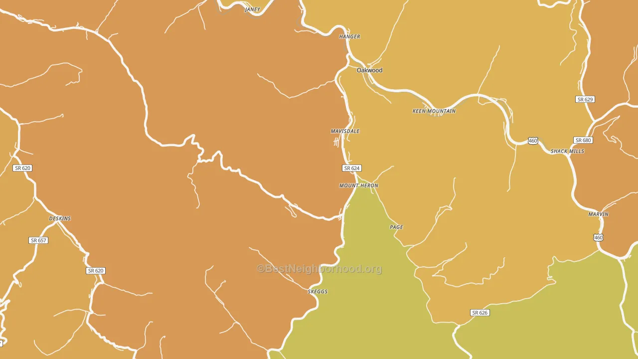Map of the best neighborhoods in the Mount Heron area, with better matches in green and worse matches in red