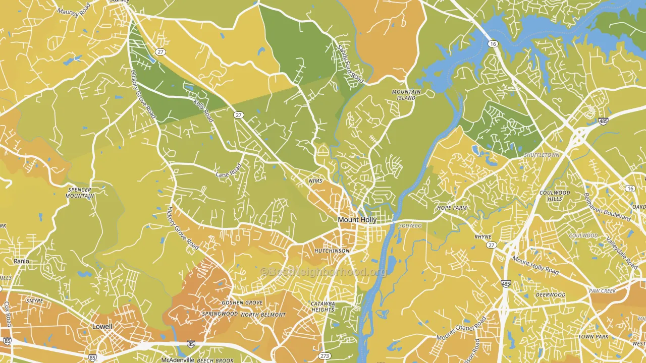 Map of the best neighborhoods in the Mount Holly area, with better matches in green and worse matches in red