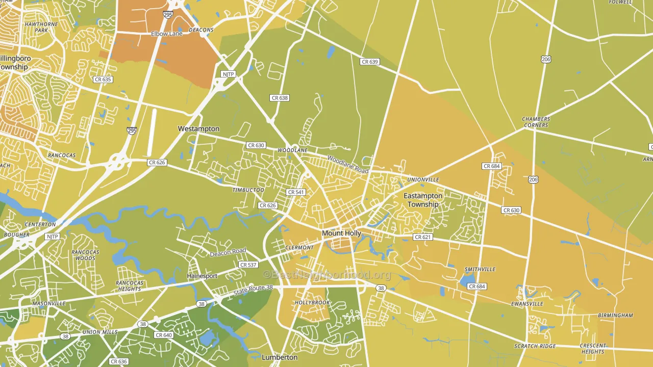 Map of the best neighborhoods in the Mount Holly area, with better matches in green and worse matches in red