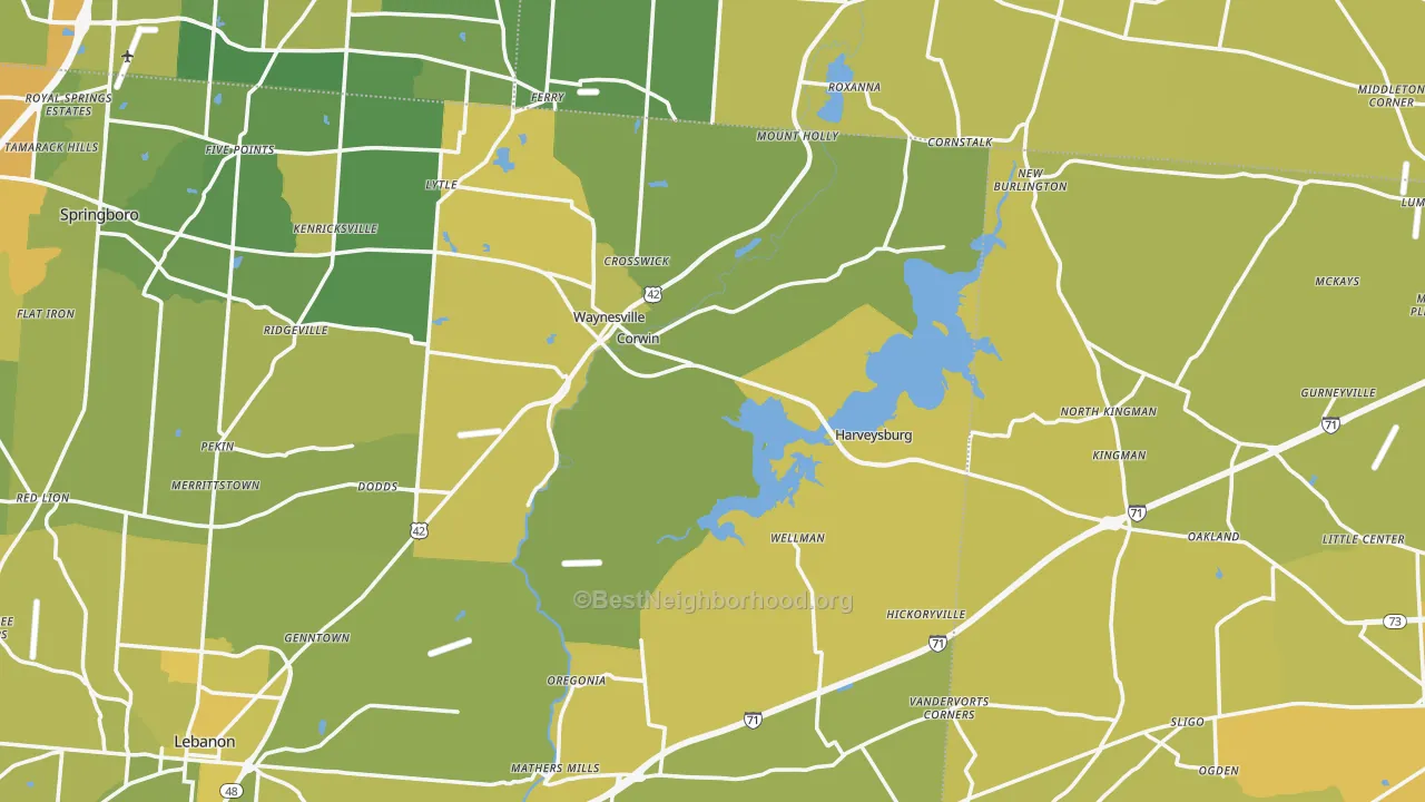 Map of the best neighborhoods in the Mount Holly area, with better matches in green and worse matches in red