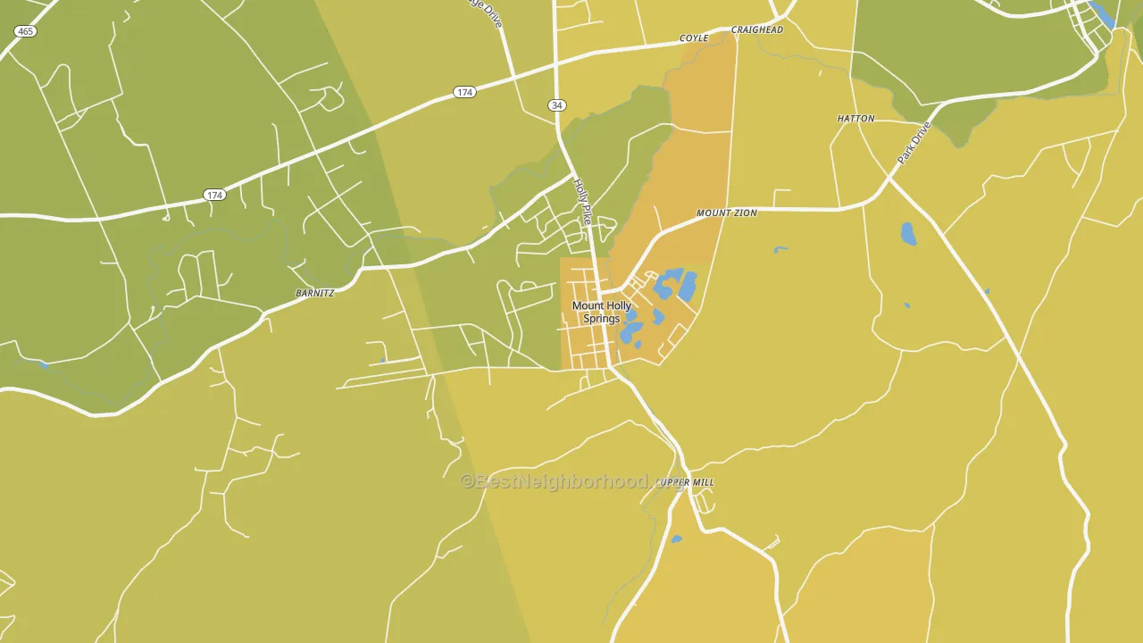Map of the best neighborhoods in the Mount Holly Springs area, with better matches in green and worse matches in red