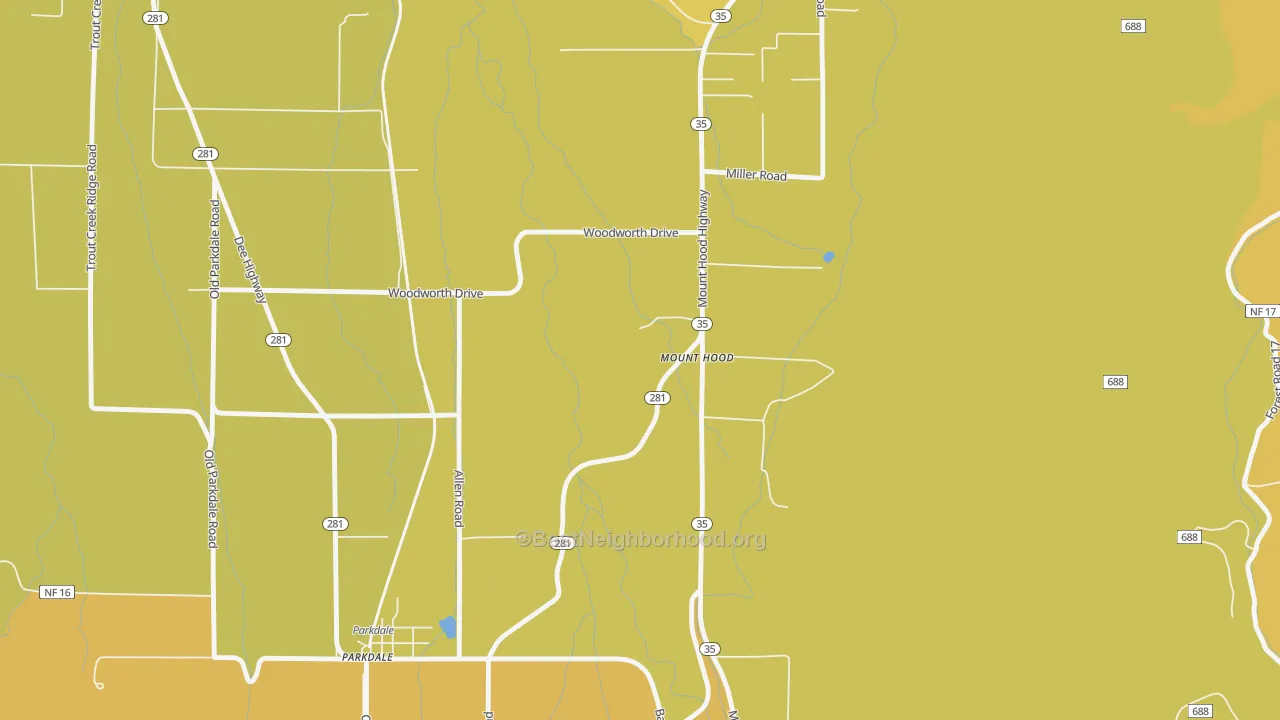 Map of the best neighborhoods in the Mount Hood area, with better matches in green and worse matches in red