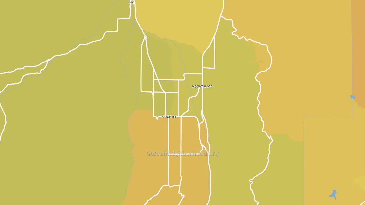 Map of the best neighborhoods in the Mount Hood-Parkdale area, with better matches in green and worse matches in red