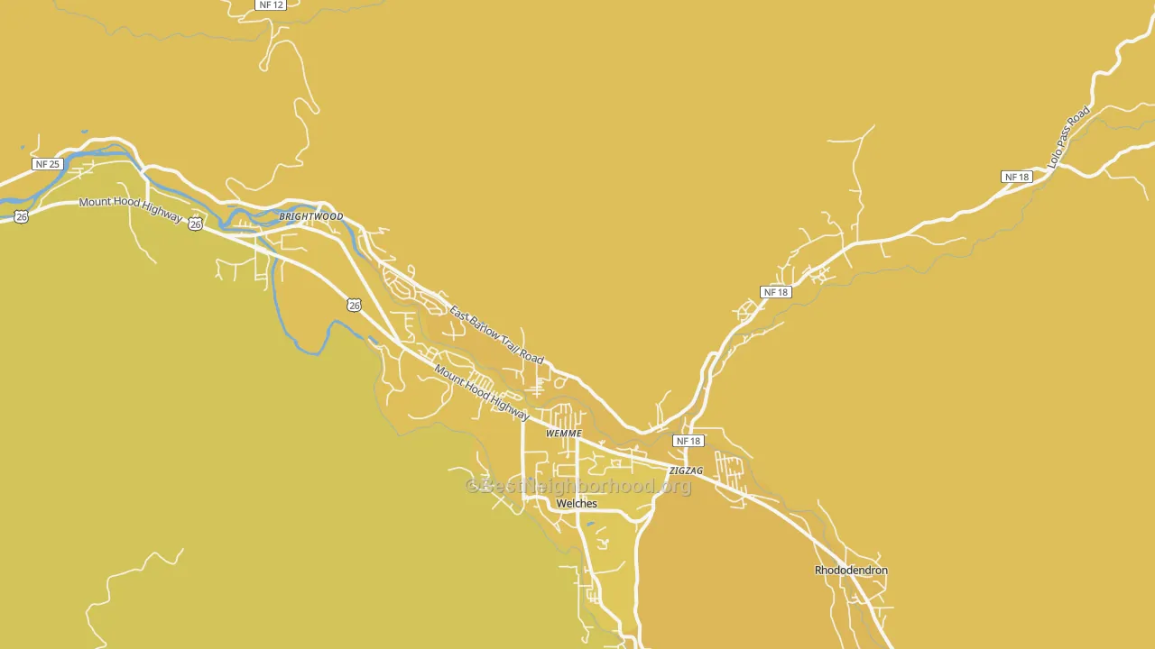 Map of the best neighborhoods in the Mount Hood Village area, with better matches in green and worse matches in red