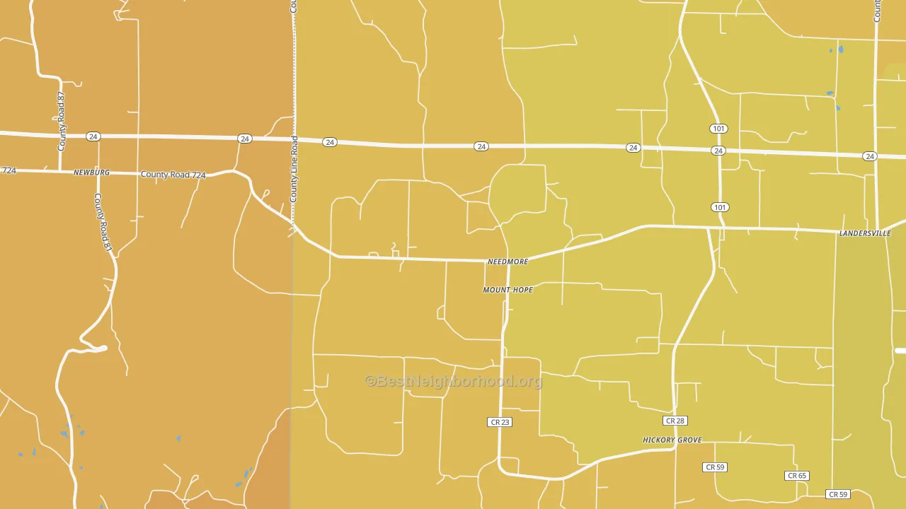Map of the best neighborhoods in the Mount Hope area, with better matches in green and worse matches in red