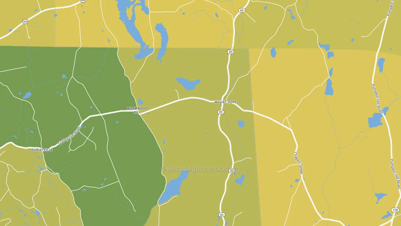 Map of the best neighborhoods in the Mount Hope area, with better matches in green and worse matches in red