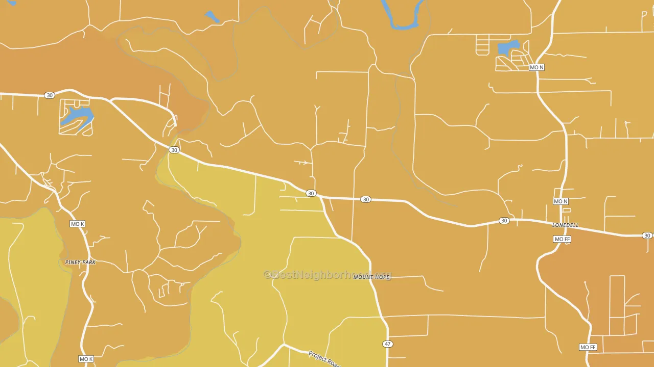 Map of the best neighborhoods in the Mount Hope area, with better matches in green and worse matches in red