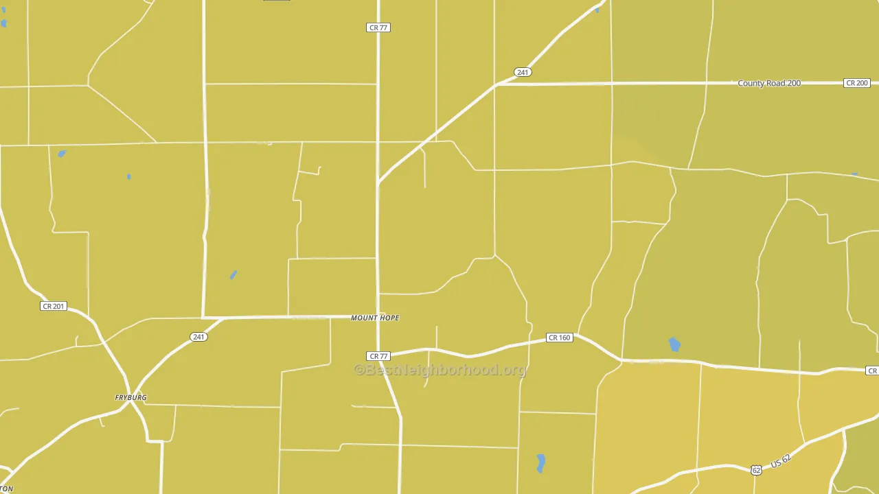 Map of the best neighborhoods in the Mount Hope area, with better matches in green and worse matches in red