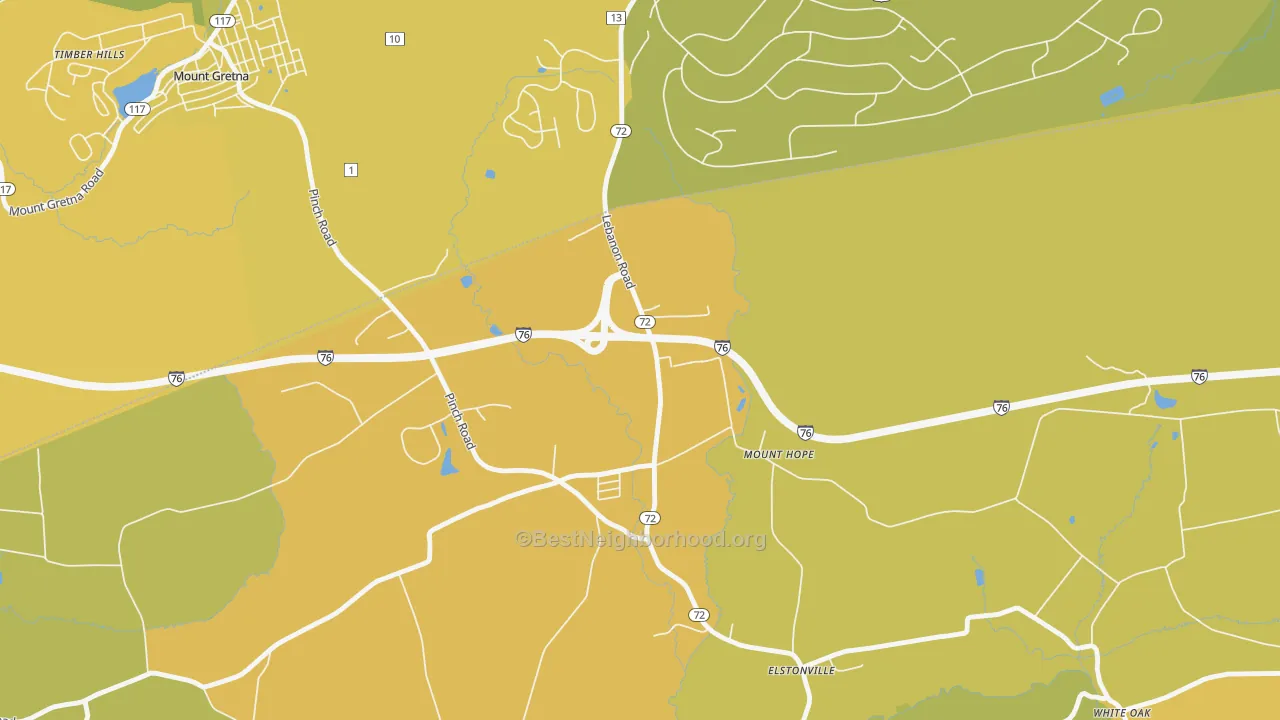 Map of the best neighborhoods in the Mount Hope area, with better matches in green and worse matches in red