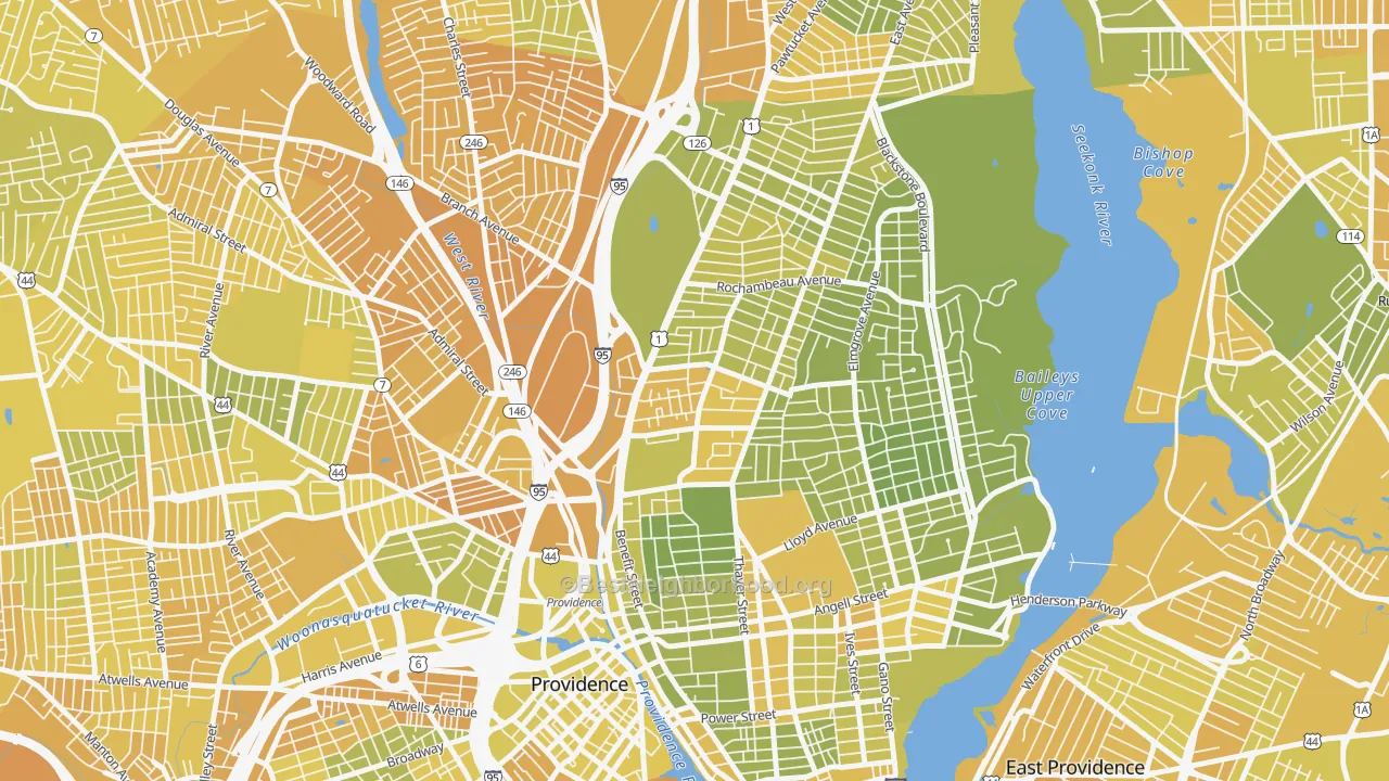 Map of the best neighborhoods in the Mount Hope, Providence area, with better matches in green and worse matches in red