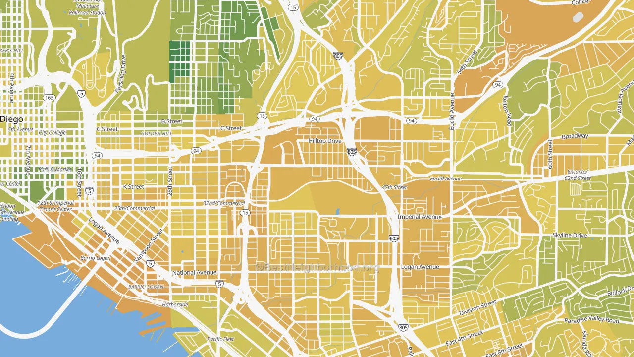 Map of the best neighborhoods in the Mount Hope, San Diego area, with better matches in green and worse matches in red