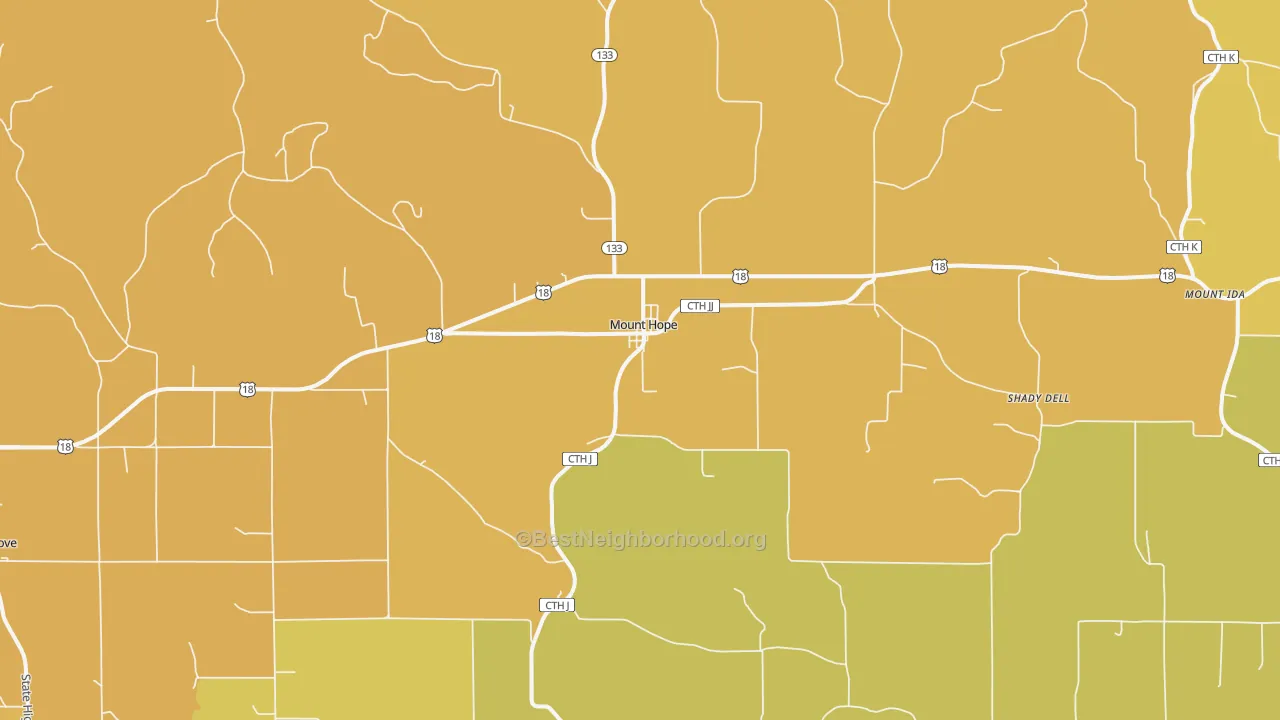 Map of the best neighborhoods in the Mount Hope area, with better matches in green and worse matches in red