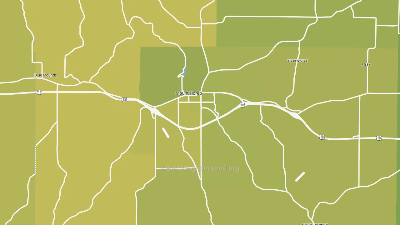 Map of the best neighborhoods in the Mount Horeb area, with better matches in green and worse matches in red