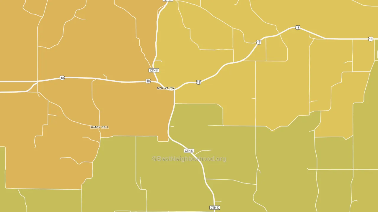Map of the best neighborhoods in the Mount Ida area, with better matches in green and worse matches in red