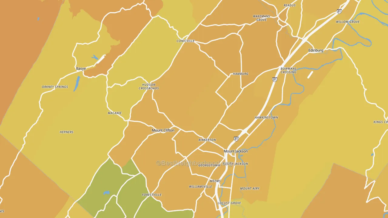 Map of the best neighborhoods in the Mount Jackson area, with better matches in green and worse matches in red