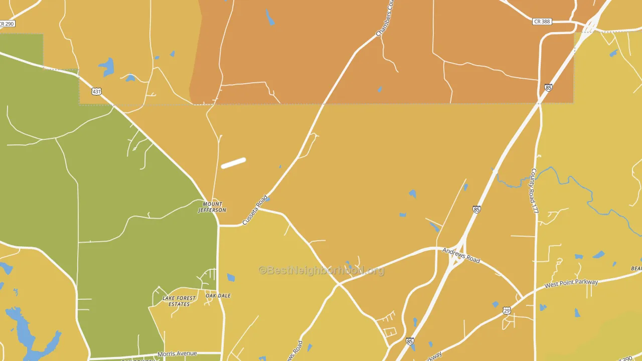 Map of the best neighborhoods in the Mount Jefferson area, with better matches in green and worse matches in red