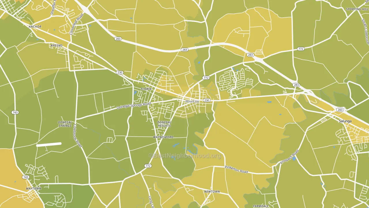 Map of the best neighborhoods in the Mount Joy area, with better matches in green and worse matches in red
