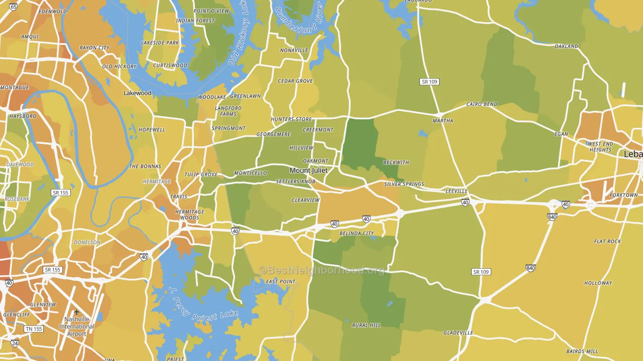 Map of the best neighborhoods in the Mount Juliet area, with better matches in green and worse matches in red