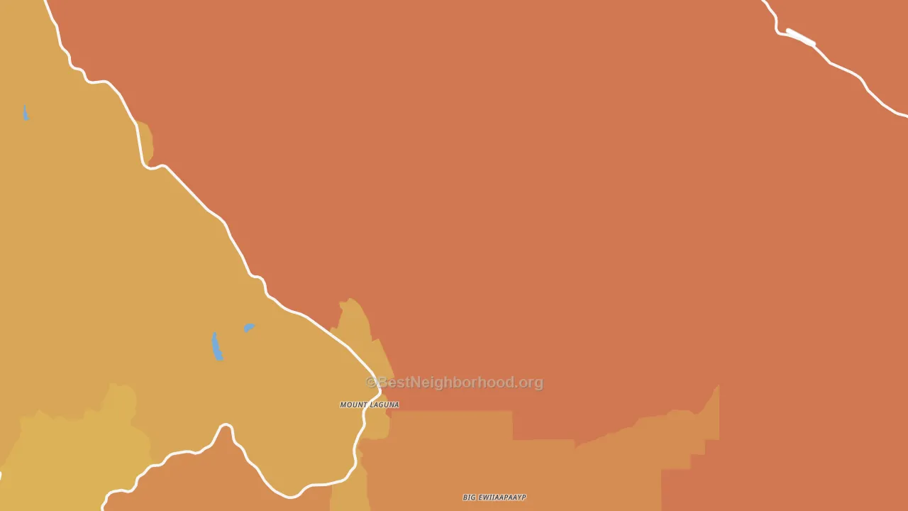 Map of the best neighborhoods in the Mount Laguna area, with better matches in green and worse matches in red