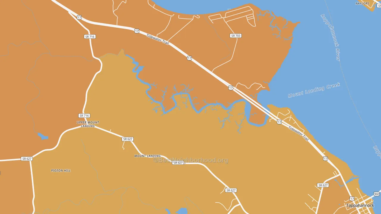 Map of the best neighborhoods in the Mount Landing area, with better matches in green and worse matches in red