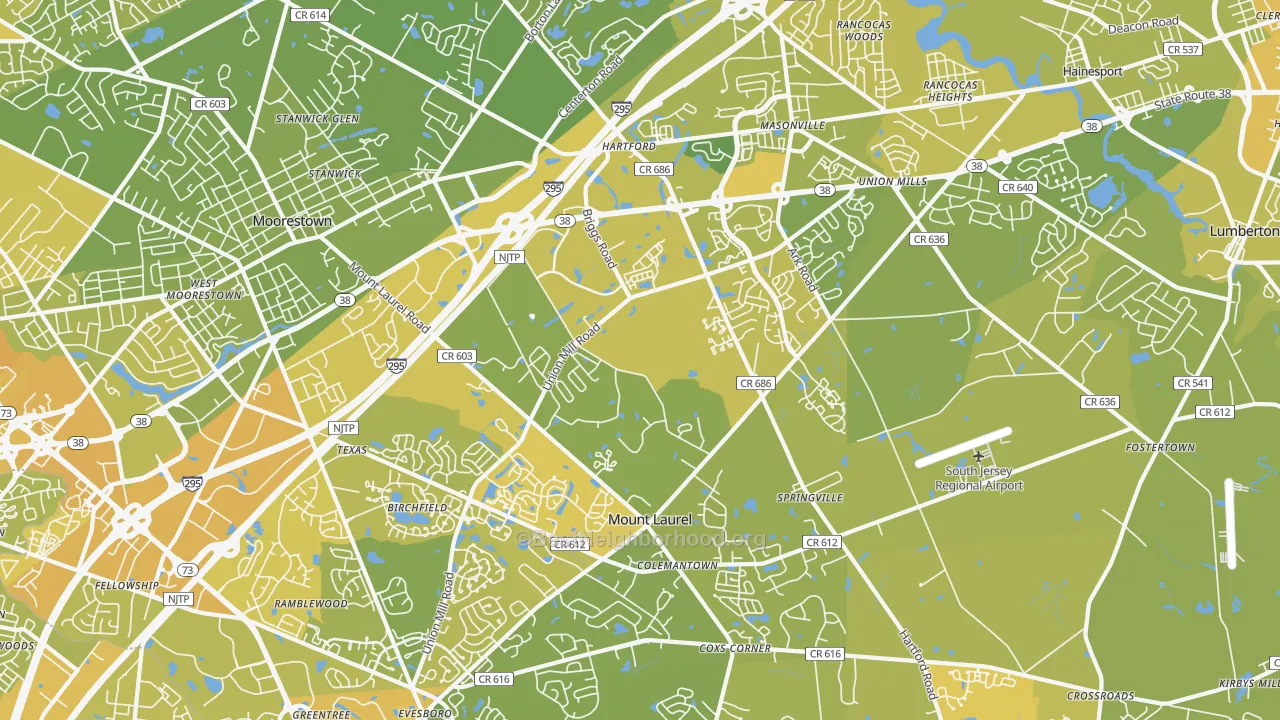 Map of the best neighborhoods in the Mount Laurel area, with better matches in green and worse matches in red