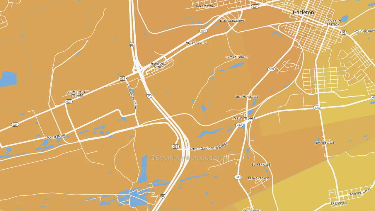 Map of the best neighborhoods in the Mount Laurel area, with better matches in green and worse matches in red